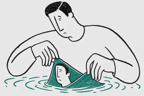 waist-up view of a man with a slicked-back side parting folding his own reflection out of a pond like wet paper; unsettled