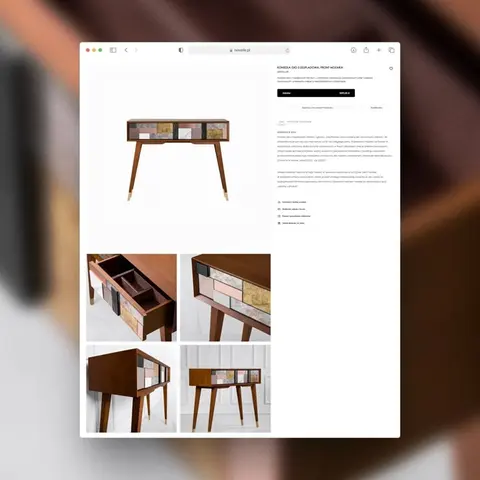 Sklep Novelle na ekranie – karta produktu z drewnianą konsolą, realizacja e-commerce